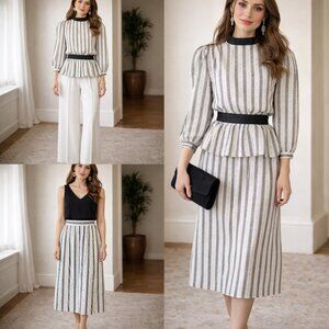 Vintage 70s Leslie Fay Peplum Polkadot Striped 2 Piece Blouse/Skirt Size 12